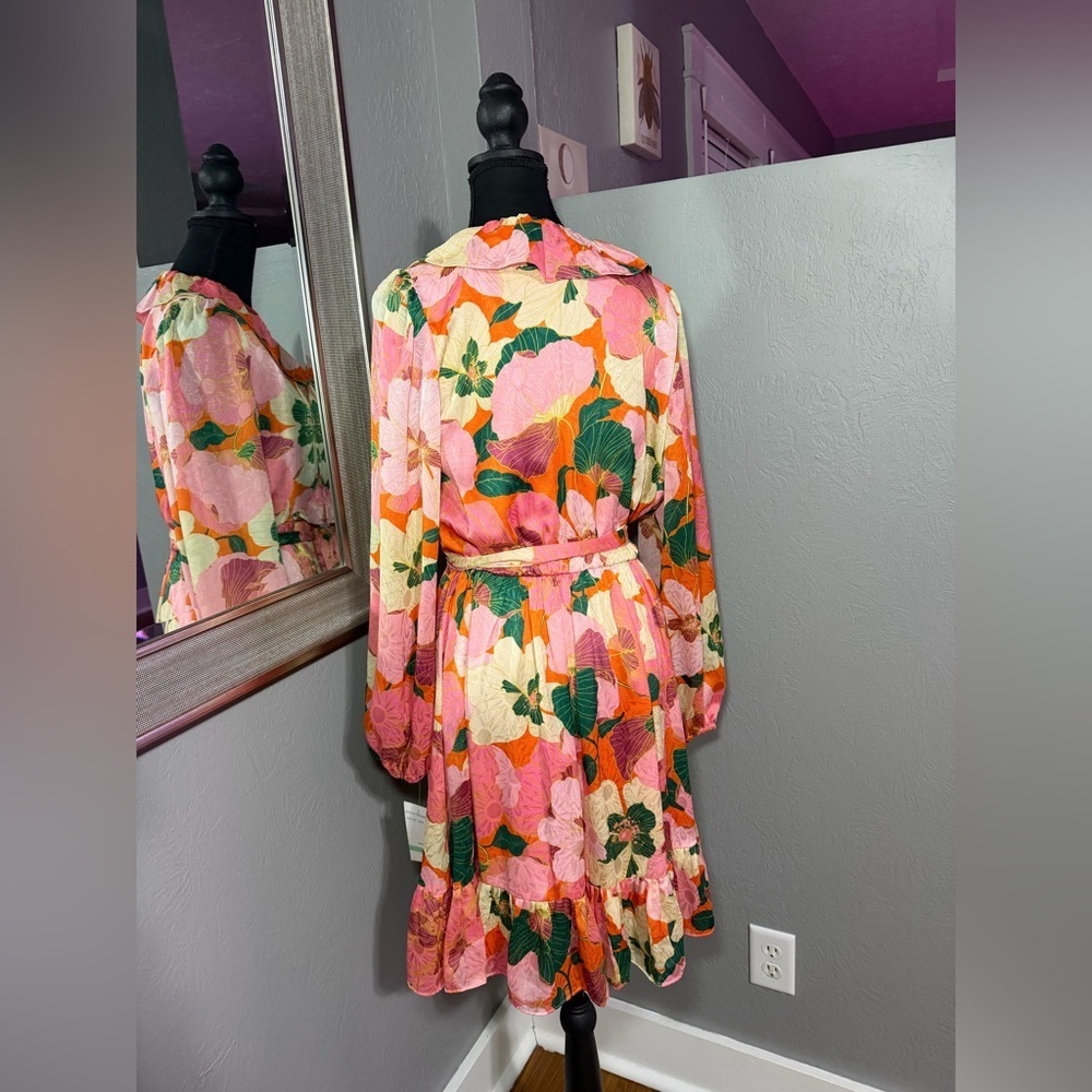 NWT Taylor Garden Botanical Pink Dahlia Faux Wrap w/ Tie Cottagecore Dress  8 - Picture 3 of 6